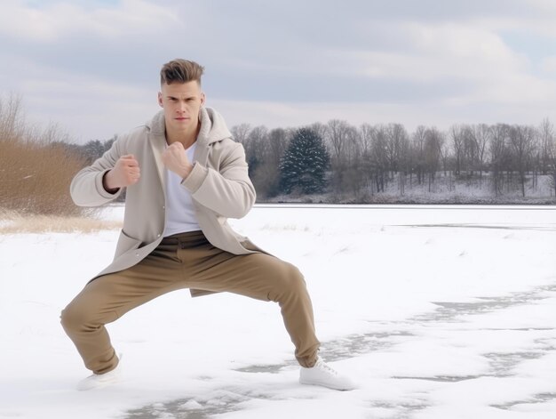 Homem desfruta do dia de neve de inverno em postura brincalhona