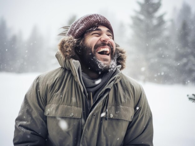 Homem desfruta do dia de neve de inverno em postura brincalhona