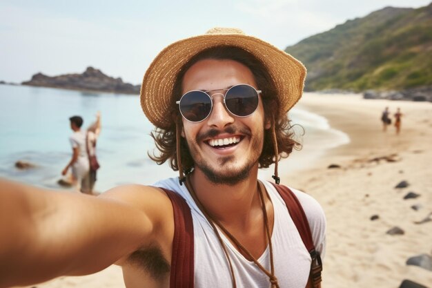 Foto homem desfrutando de um dia ensolarado na praia captura uma selfie