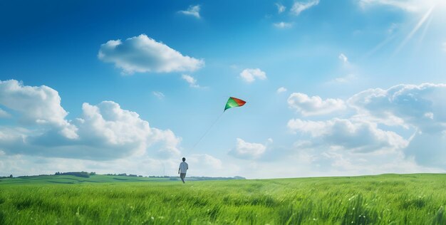 Homem desfrutando de um dia ensolarado voando uma cometa colorida em um vasto campo verde com um céu azul claro ao fundo IA geradora