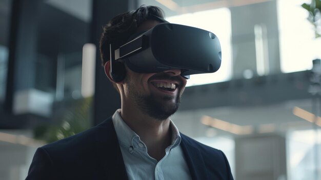 Homem desfrutando de uma experiência de realidade virtual imersiva sorrindo com o fone de ouvido