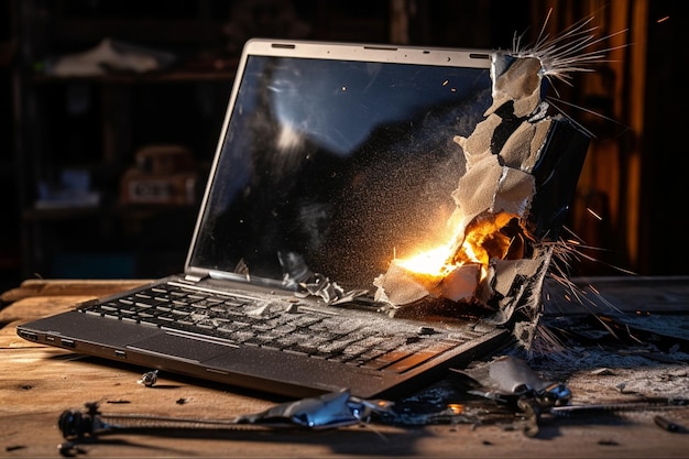 Foto homem destruiu laptop com um martelo trabalho nervoso frustração gerativa ai