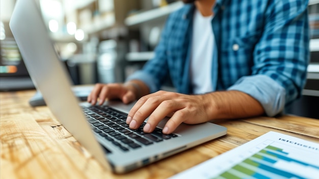 Homem digitando em laptop em mesa de madeira