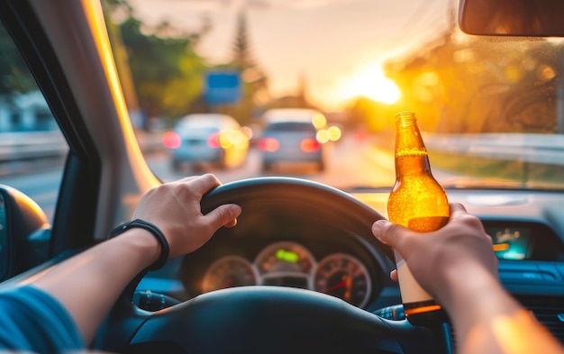 Foto homem dirigindo irresponsavelmente enquanto segura uma garrafa de cerveja retratando o perigo de dirigir bêbado