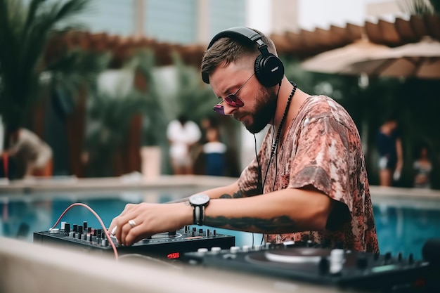 Homem DJ mistura música na mesa do mixer em festa ao ar livre no verão Ilustração generativa de IA