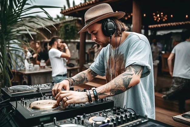 Homem DJ mistura música na mesa do mixer em festa ao ar livre no verão Ilustração generativa de IA