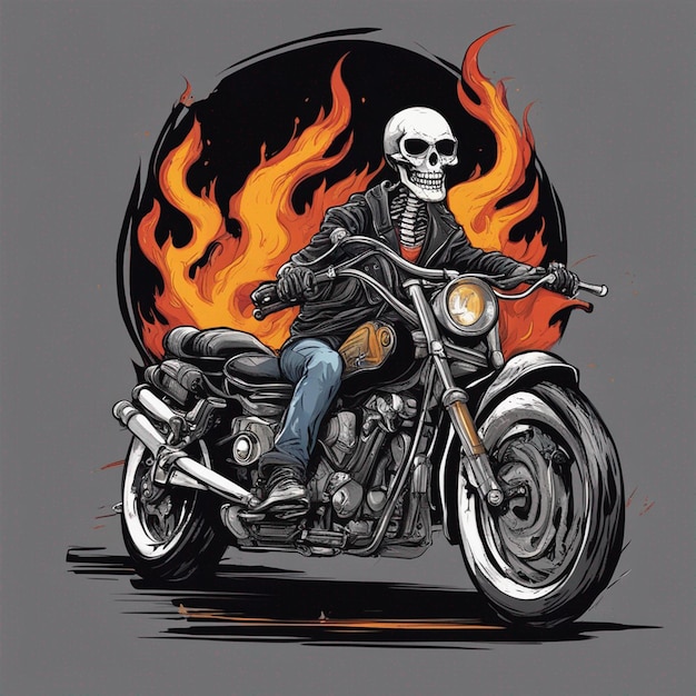 Homem do crânio com design de camiseta de moto de fogo