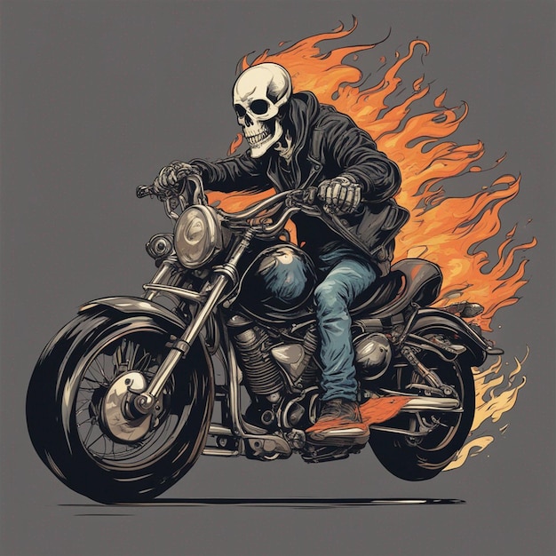 Homem do crânio com design de camiseta de moto de fogo