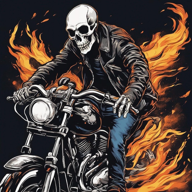 Homem do crânio com design de camiseta de moto de fogo