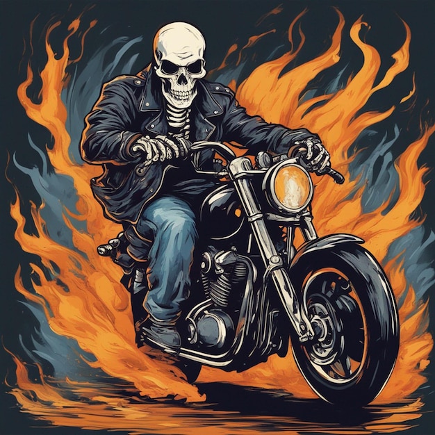 Homem do crânio com design de camiseta de moto de fogo