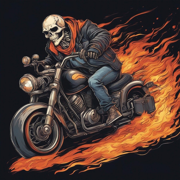 Homem do crânio com design de camiseta de moto de fogo