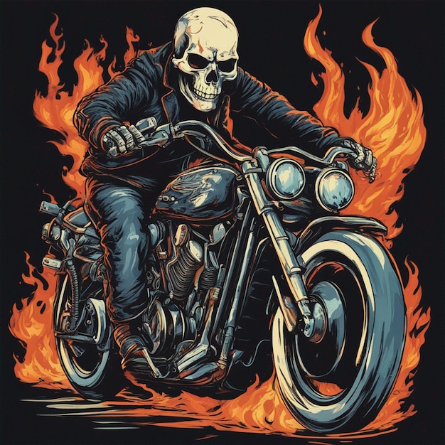 Homem do crânio com design de camiseta de moto de fogo