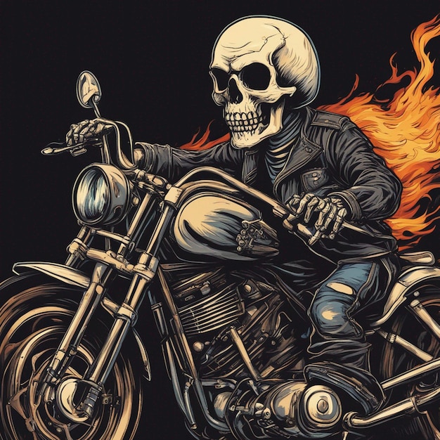 Foto homem do crânio com design de camiseta de moto de fogo