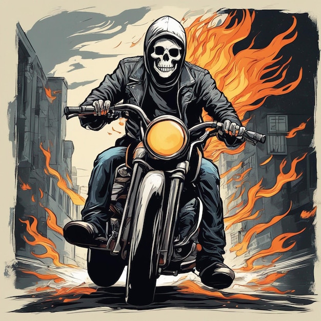 Homem do crânio com design de camiseta de moto de fogo