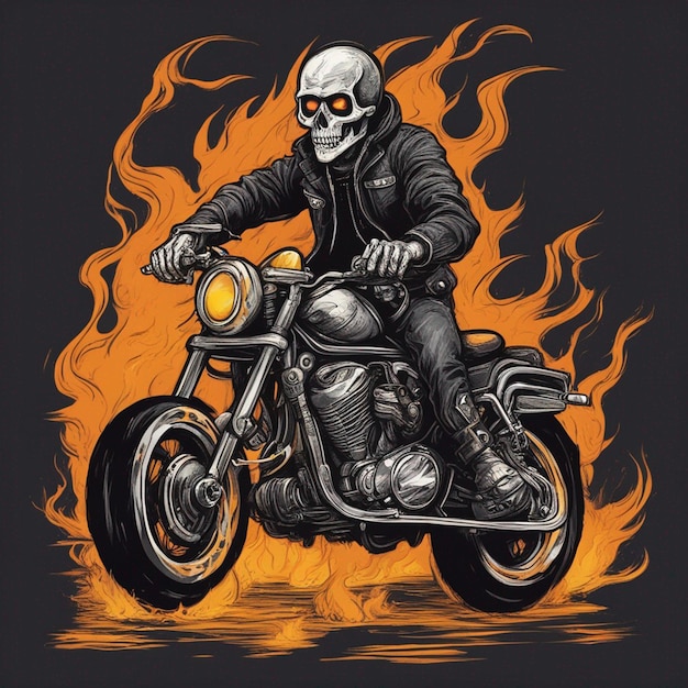 Homem do crânio com design de camiseta de moto de fogo