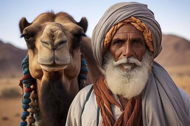 Homem do deserto mais velho com o seu camelo