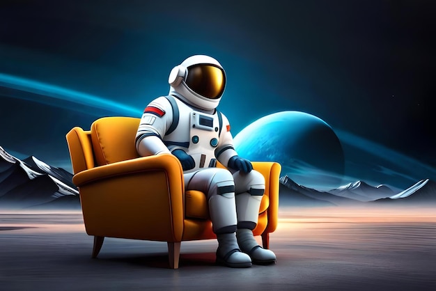 Foto homem do espaço sentado no sofá com fundo espacial ou conceito de homem do espaço 3d