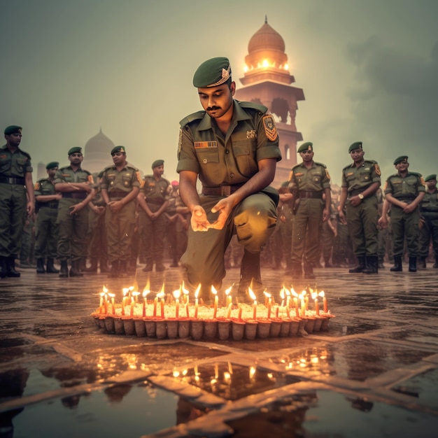 Homem do exército indiano a celebrar o festival de Diwali