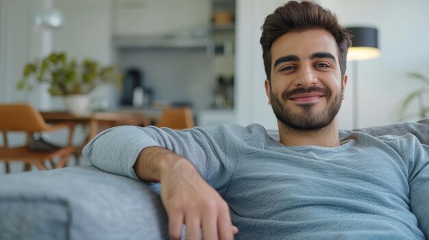 Homem do Oriente Médio sentado em um sofá confortável na sala de estar homem alegre relaxando no sofá inclinando-se para trás desfrutando de fim de semana livre ou descanso do trabalho