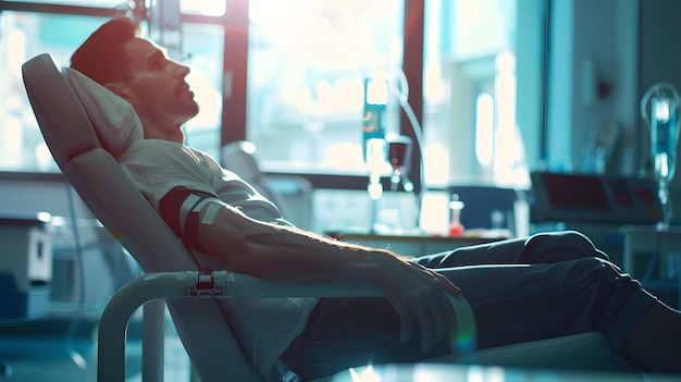 Foto homem doando sangue em foto do hospital