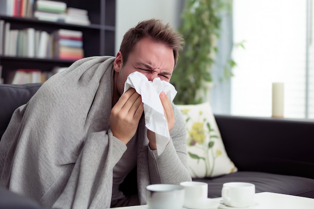 Homem doente com febre e congestão nasal