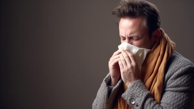 Foto homem doente sofre de corrimento nasal limpa o nariz com lenço epidemia de gripe no inverno