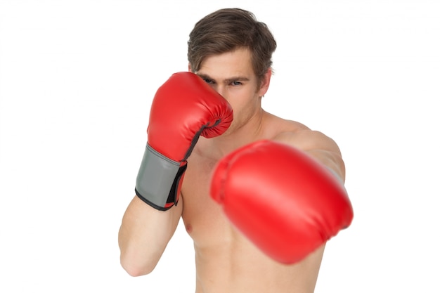 Homem duro, usando luvas de boxe vermelhas, socando a câmera