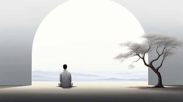 homem e árvore branca em meditação estilo japonês generativo ai