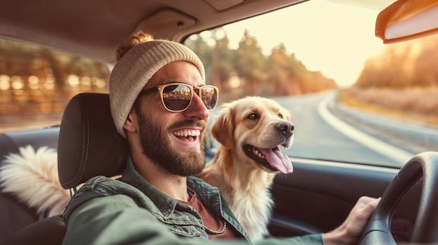 homem e cão a desfrutar de um passeio de carro