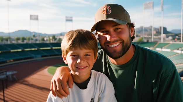 Foto homem e filho num jogo de basebol