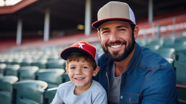 Foto homem e filho num jogo de basebol