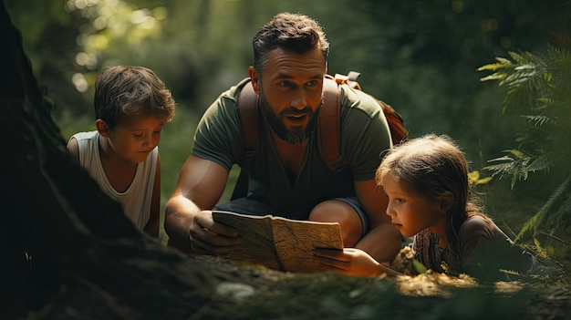 Homem e filhos estudam um mapa para planejar sua rota juntos no Dia do Pai