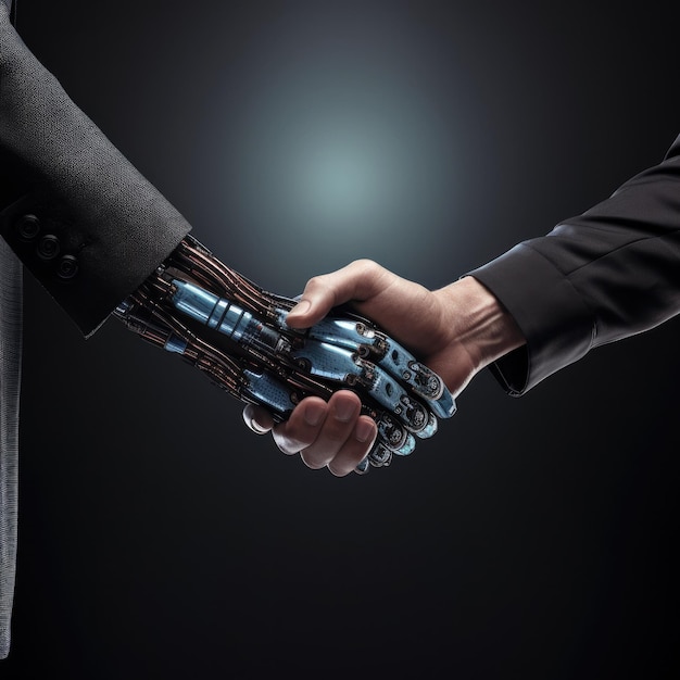 Homem e Máquina Aperto de Mão de Robô como Conceito de Tecnologia Renderização 3D