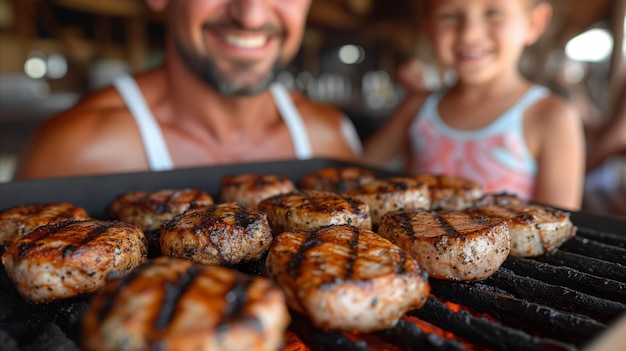 Foto homem e menina a cozinhar hambúrgueres na grelha