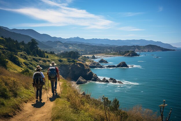 homem e menina caminhando ao longo das margens do Oceano Pacífico