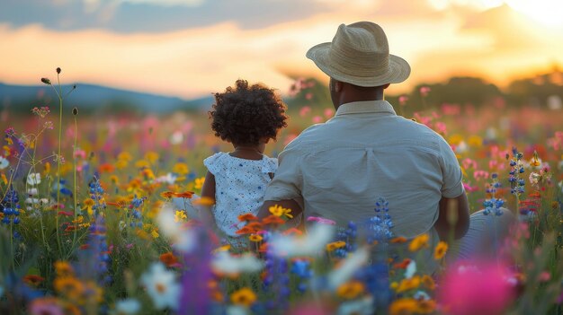 Foto homem e menina sentados num campo de flores