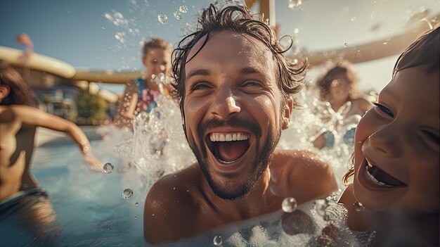 Homem e menino nadando em uma piscina em um dia de verão