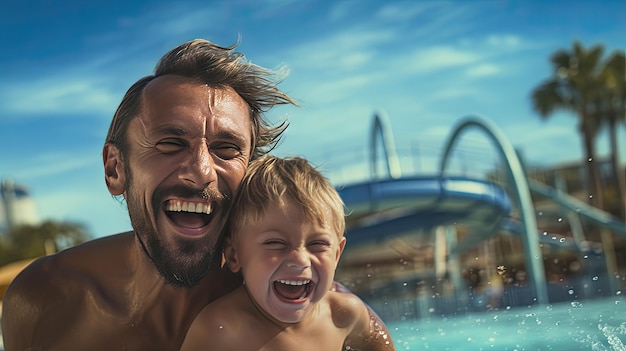 Homem e menino nadando em uma piscina em um dia de verão