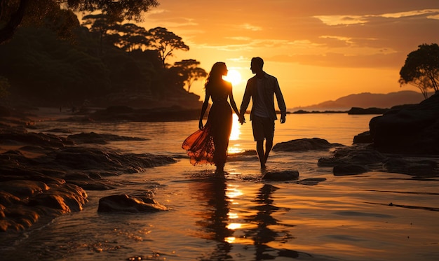 Homem e mulher a caminhar na praia ao pôr-do-sol