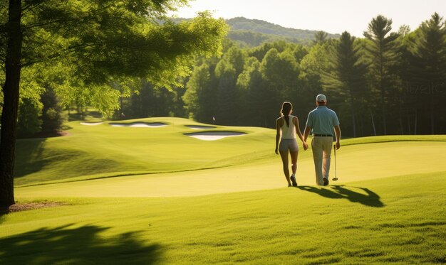 Homem e mulher a caminhar no campo de golfe