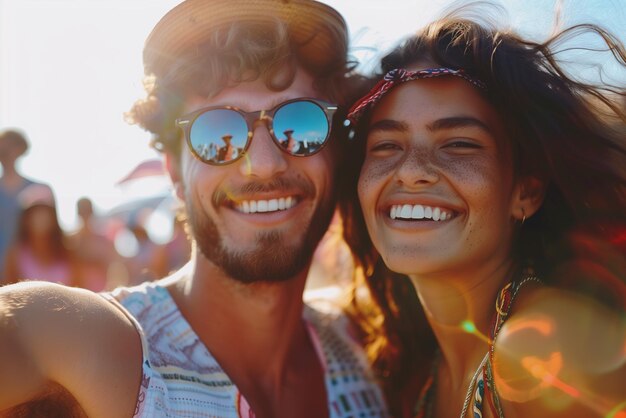 Foto homem e mulher a sorrir num festival de música cheio de gente.