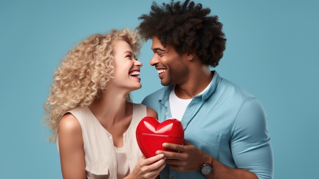 Homem e mulher alegres de frente um para o outro sorrindo alegremente enquanto seguram um presente vermelho em forma de coração entre eles