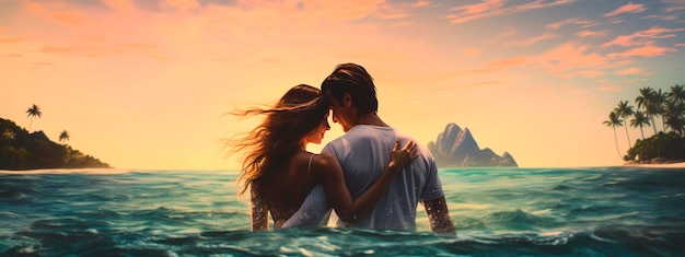 Foto homem e mulher apaixonados numa praia tropical casal de ia generativa
