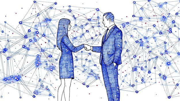 Foto homem e mulher apertando as mãos depois de uma entrevista com bi dados conexões azuis