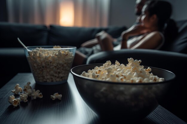 Foto homem e mulher assistindo tv com pipoca no balde com generative ai