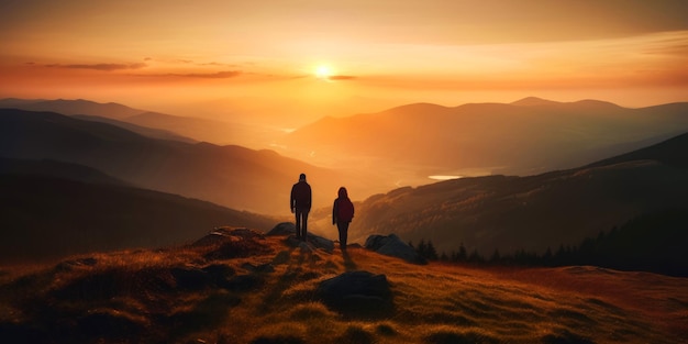 Homem e mulher caminhando nas montanhas As pessoas ficam na colina gramada olhando para o pôr do sol Generative AI