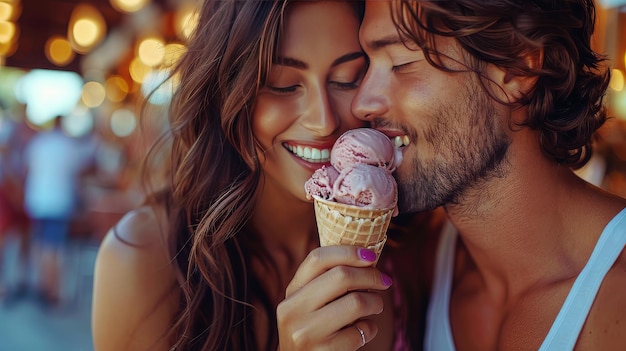 Foto homem e mulher compartilhando um cone de sorvete