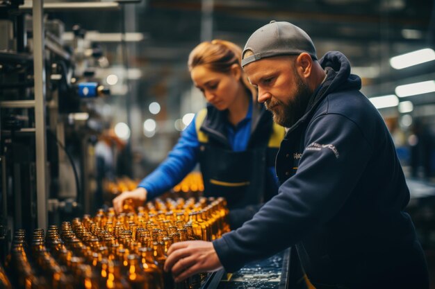Foto homem e mulher controlam a linha de produção da cervejaria