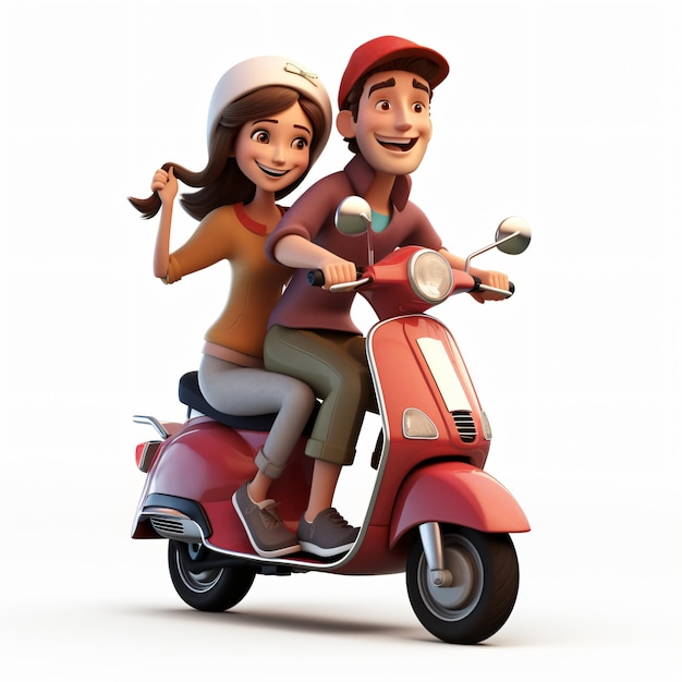 Homem e mulher de desenho animado 3D andando de scooter isolado