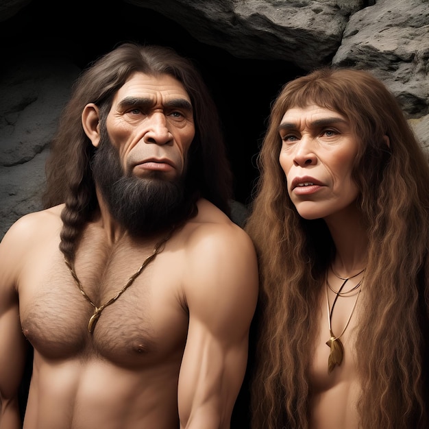 Foto homem e mulher de neandertal na idade da pedra